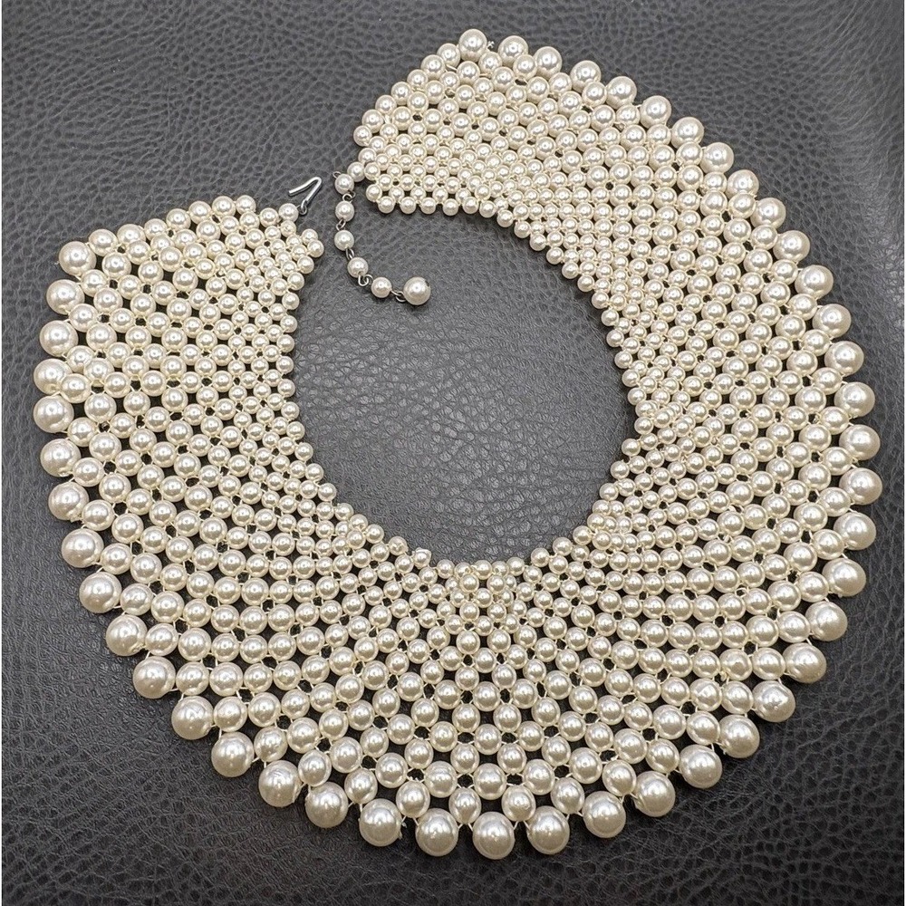 Vintage Cream Faux Pearl Beaded Bib Wide Collar Necklace Statement Jewelry